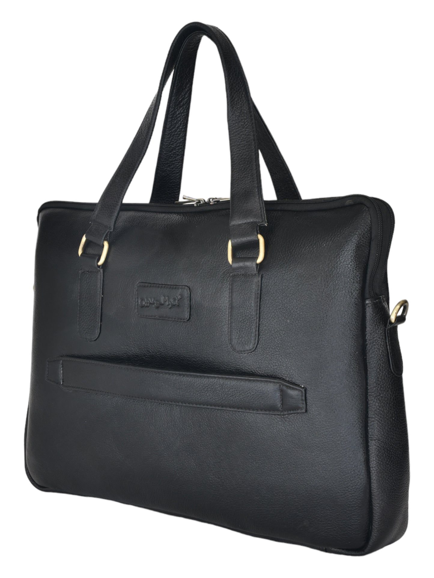 Unisex Black Solid Leather Laptop Bag 16 Inch (OMLB-028N-BLACK)