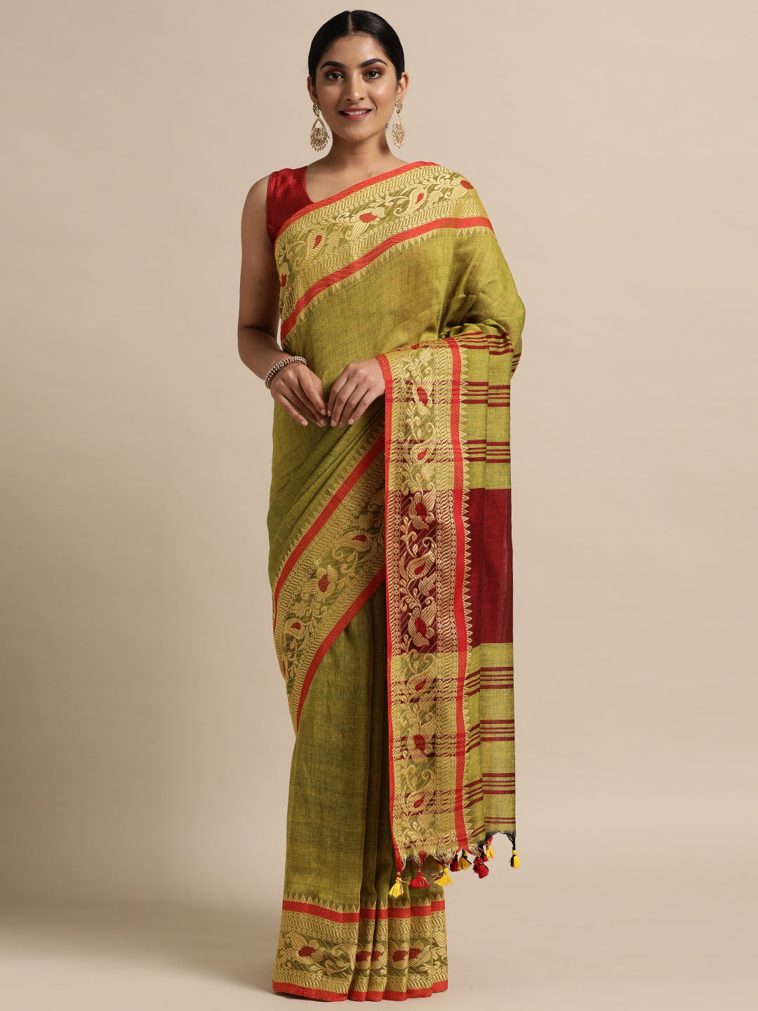 Green & Maroon Floral Handloom Pure Cotton Saree (TDSR4-27-GREEN)