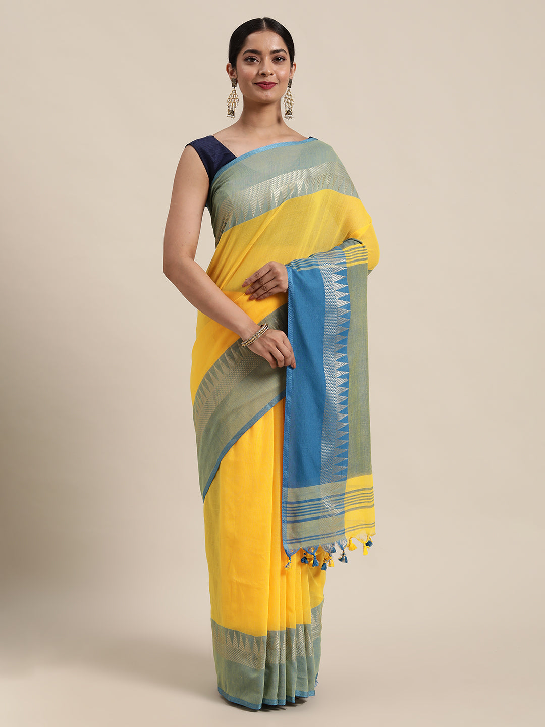 Yellow & Blue Zari Pure Cotton Saree (TDSR2-16-YELLOW)