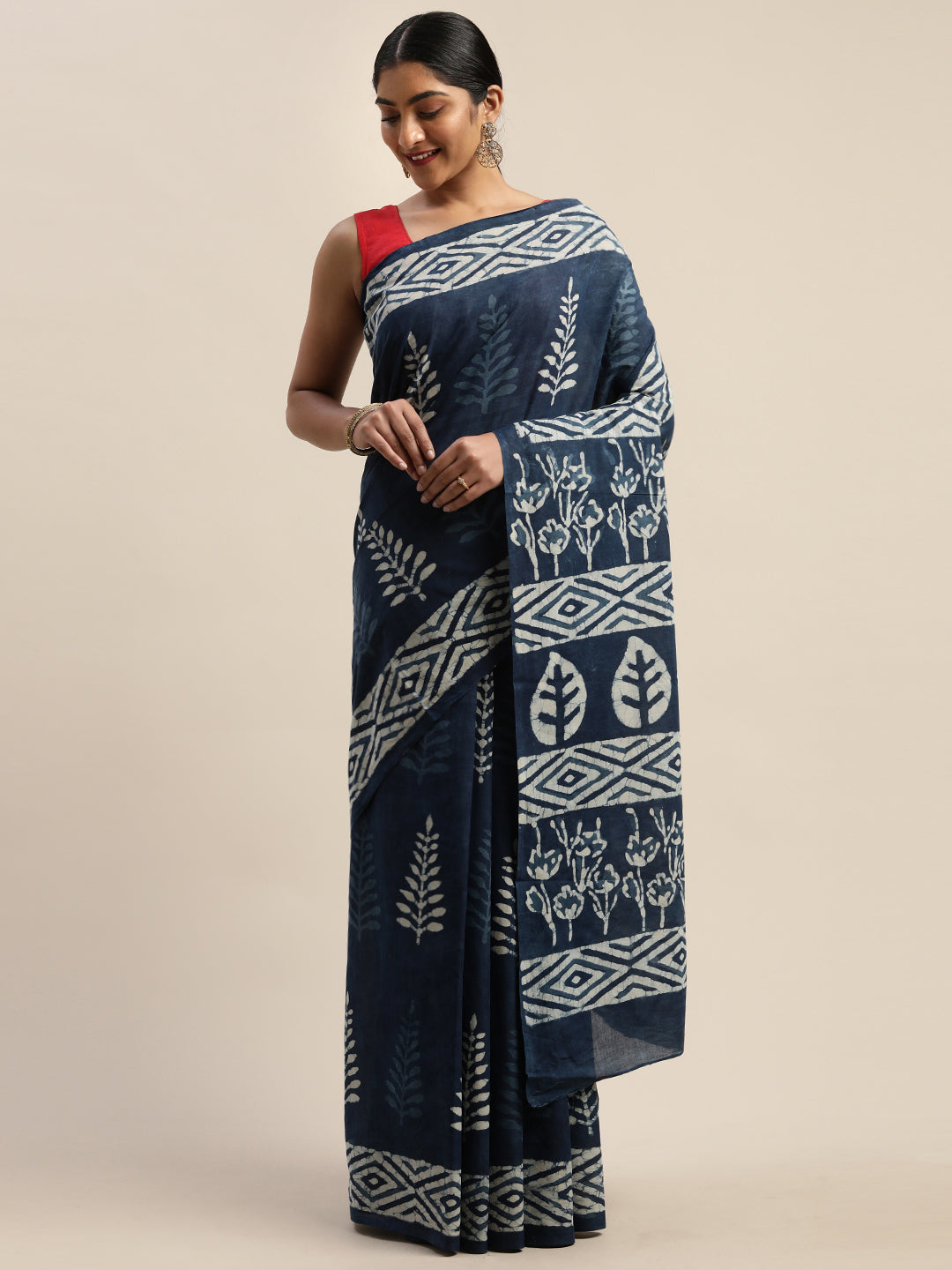 Navy Blue & White Pure Cotton Printed Dabu Saree (TDSR-12-BLUE)