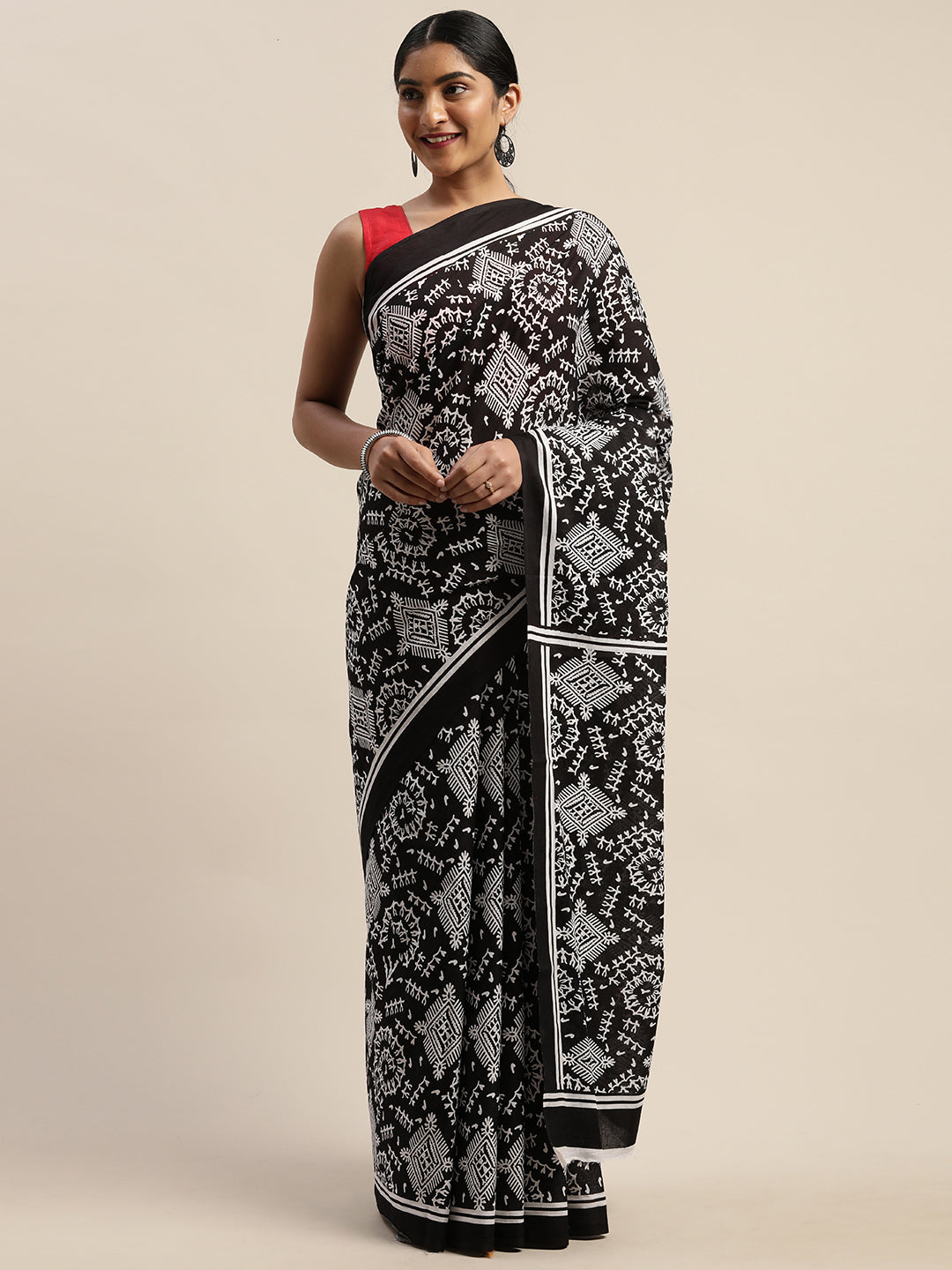 Black & White Pure Cotton Printed Saree (TDSR-15-BLACK)