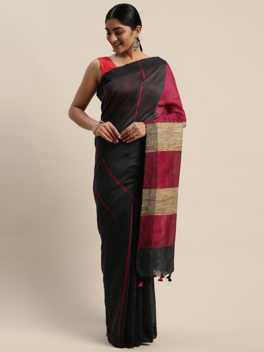 Black & Pink Handloom Striped Saree (TDSR-01-BLACK)