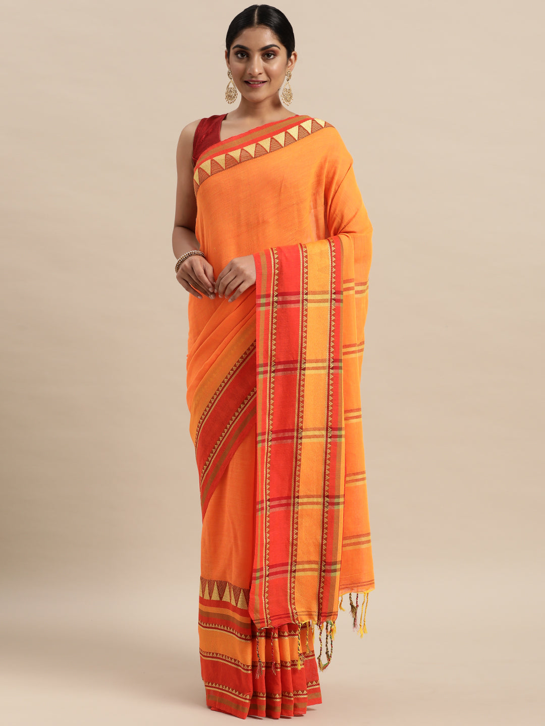 Orange & Red Striped Handloom Pure Cotton & Saree (TDSR4-29-ORANGE)