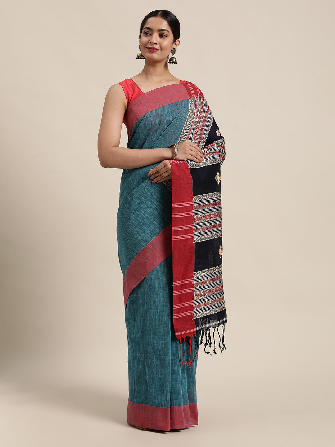 Teal Blue & Red Pure Cotton Saree (TDSR2-20-BLUE)