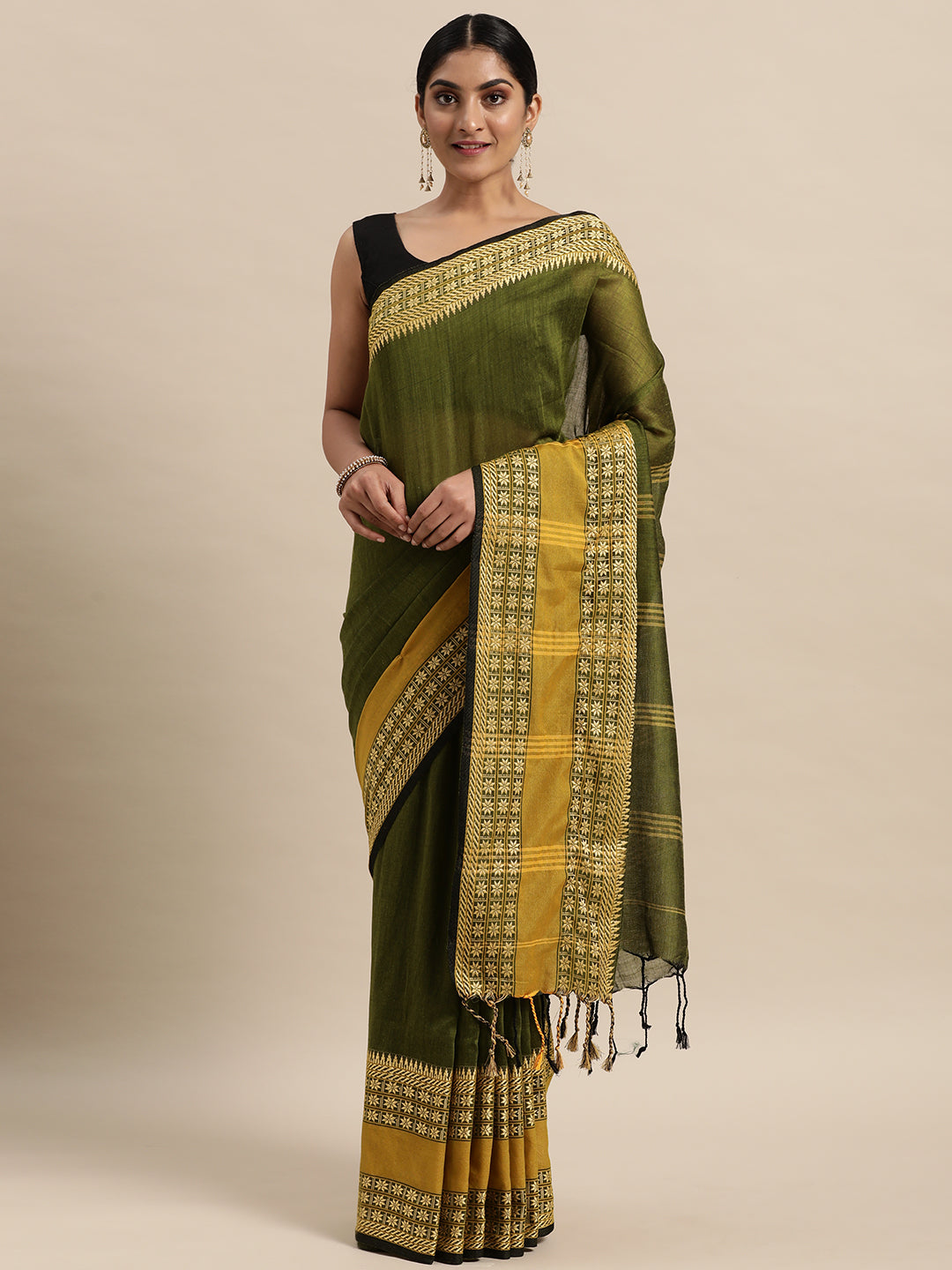 Pure Cotton Green & Mustard Floral Embroidered Handloom Saree (TDSR4-26-GREEN)