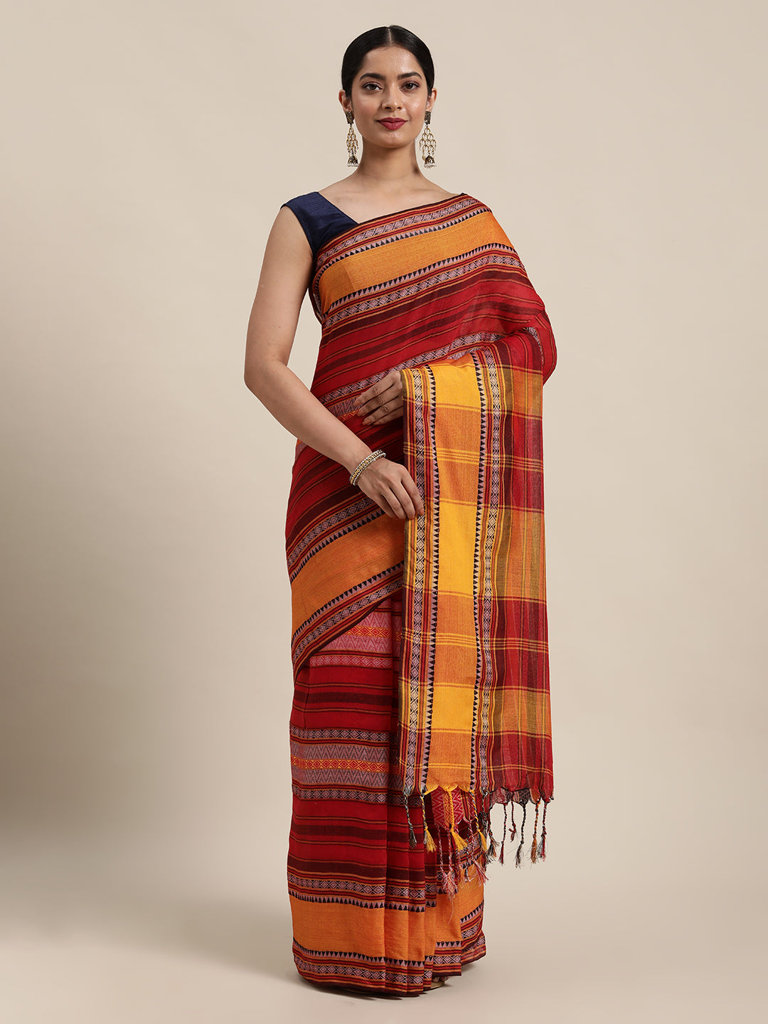 Red & Yellow Striped Pure Cotton Handloom Saree (TDSR2-19-RED)