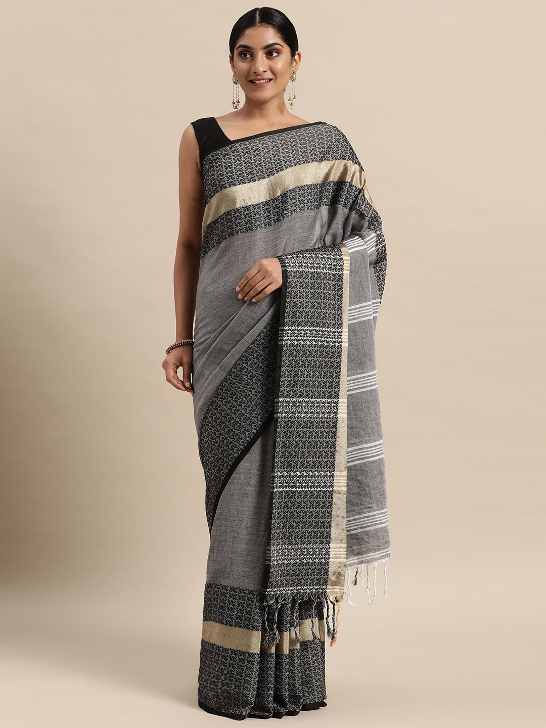 Grey & Black Paisley Handloom Pure Cotton Saree (TDSR4-25-GREY)