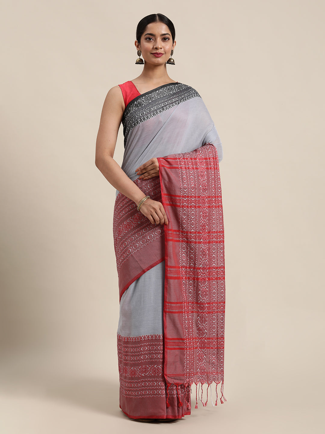 Grey & Red Ethnic Motifs Pure Cotton Saree (TDSR2-18-GREY)