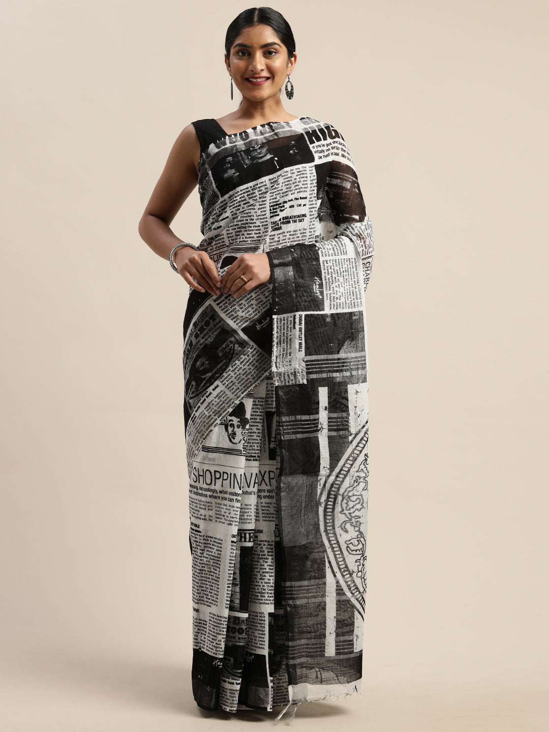 Black & White Pure Cotton News Paper Printed Linen Saree (TDSR-09-BLACK)