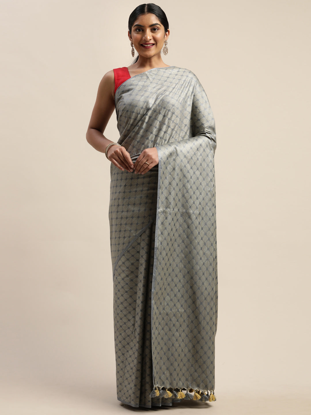 Grey Pure Cotton Woven Design Tussar Saree (TDSR-04-GREY)