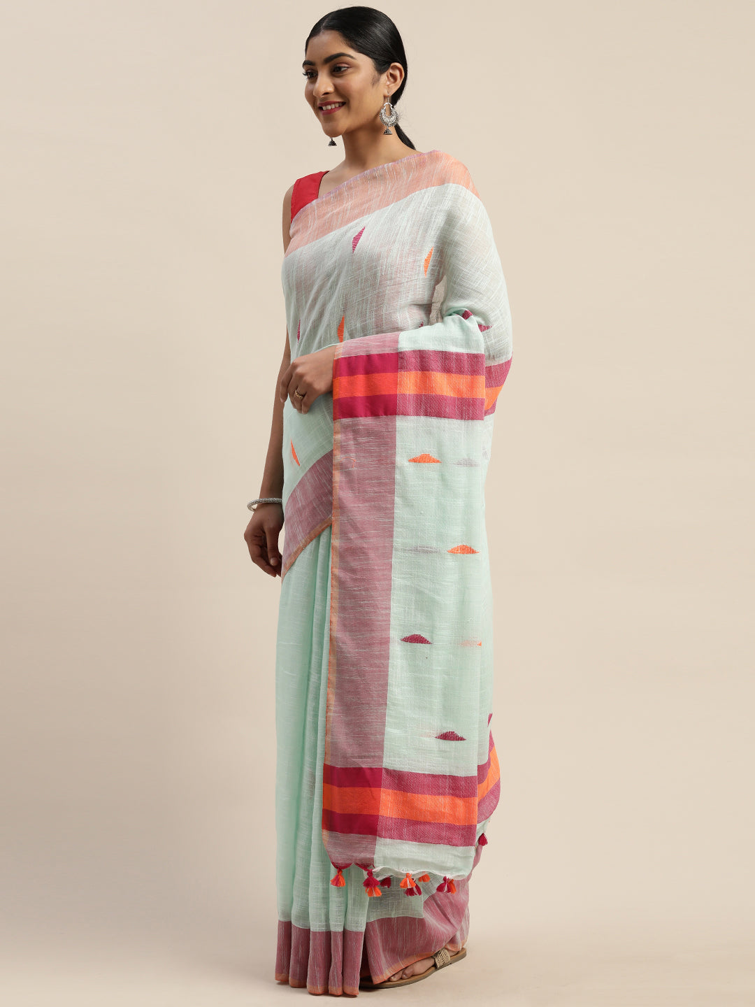 Sea Green Pure Cotton Woven Design Handloom Linen Saree (TDSR-03-SGREEN)