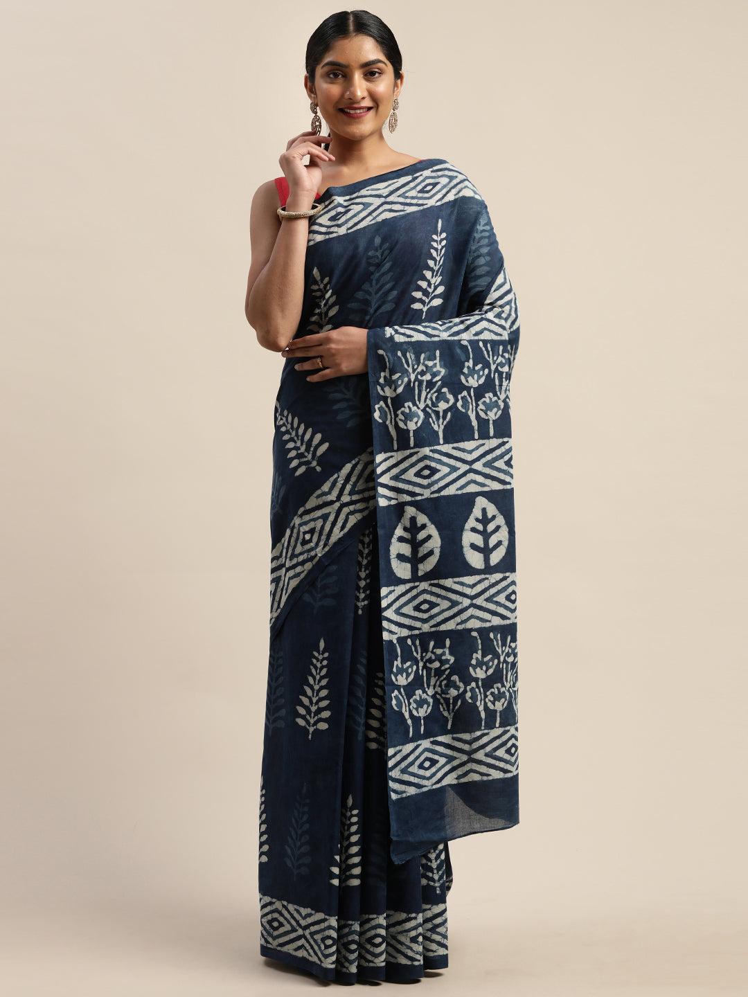 Navy Blue & White Pure Cotton Printed Dabu Saree (TDSR-12-BLUE)