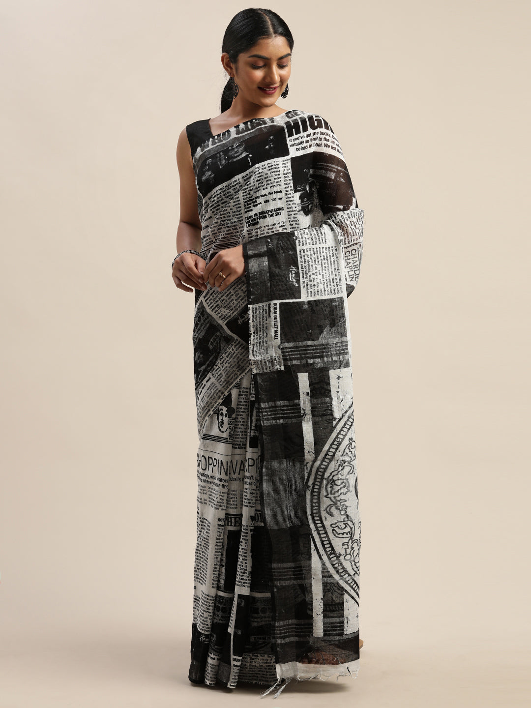 Black & White Pure Cotton News Paper Printed Linen Saree (TDSR-09-BLACK)