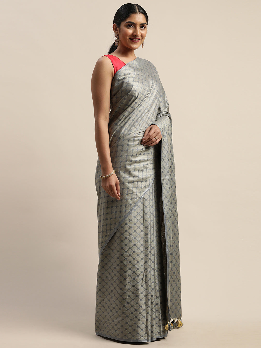 Grey Pure Cotton Woven Design Tussar Saree (TDSR-04-GREY)