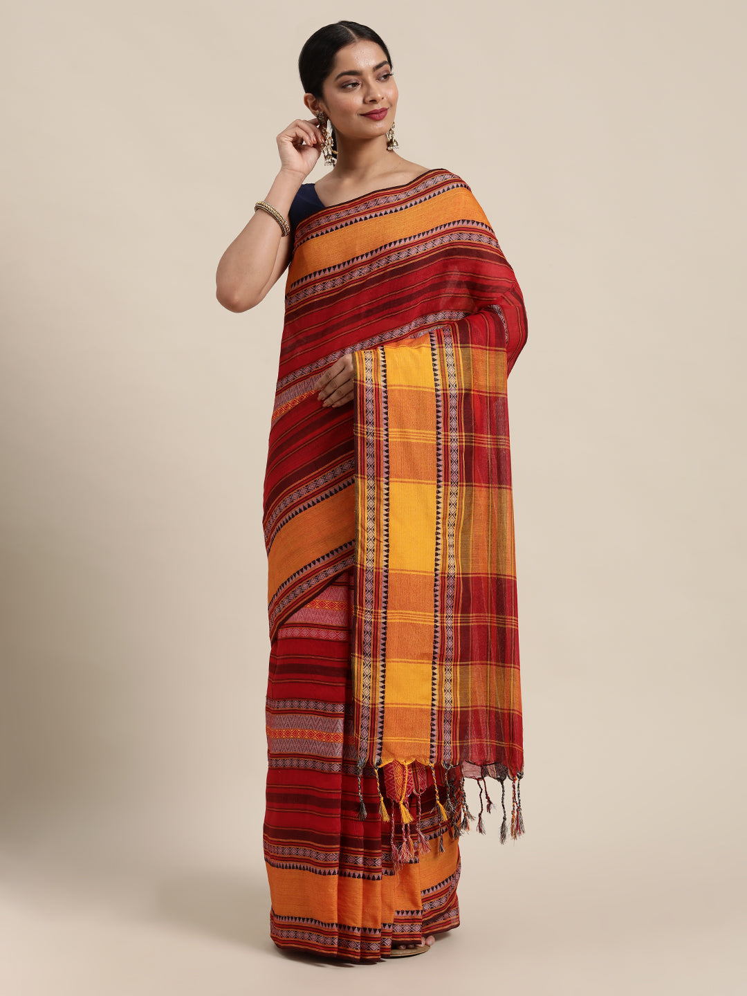 Red & Yellow Striped Pure Cotton Handloom Saree (TDSR2-19-RED)