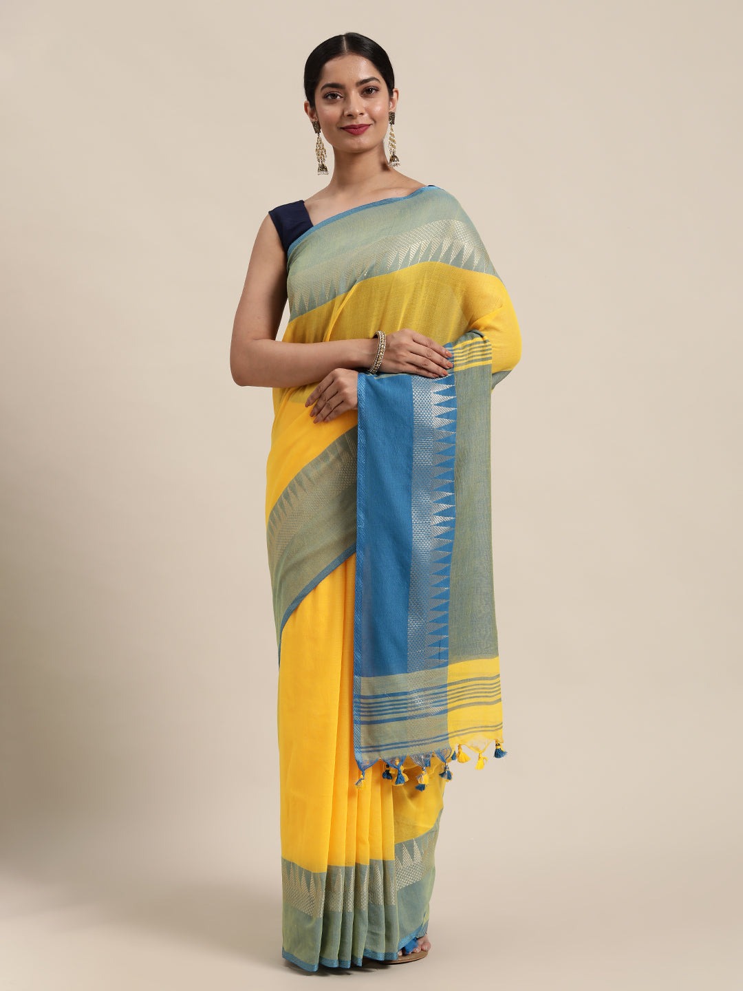 Yellow & Blue Zari Pure Cotton Saree (TDSR2-16-YELLOW)