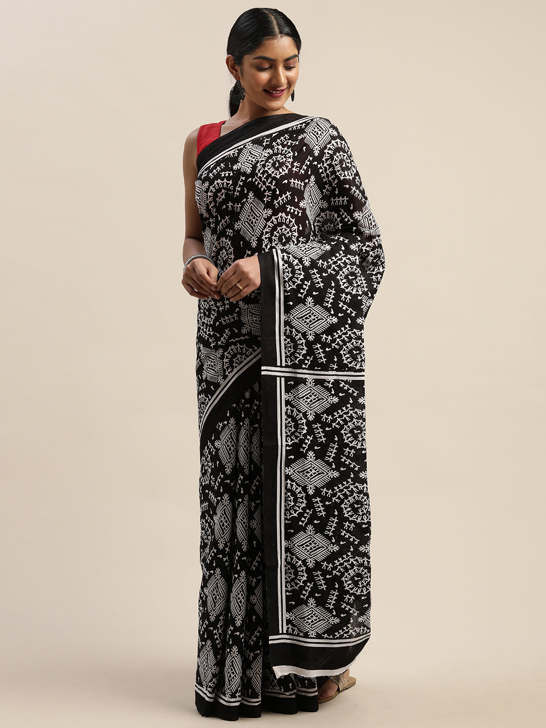 Black & White Pure Cotton Printed Saree (TDSR-15-BLACK)