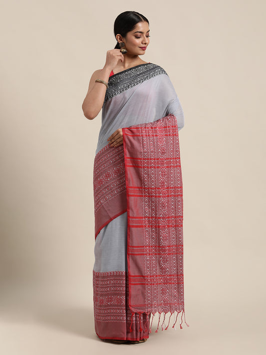 Grey & Red Ethnic Motifs Pure Cotton Saree (TDSR2-18-GREY)