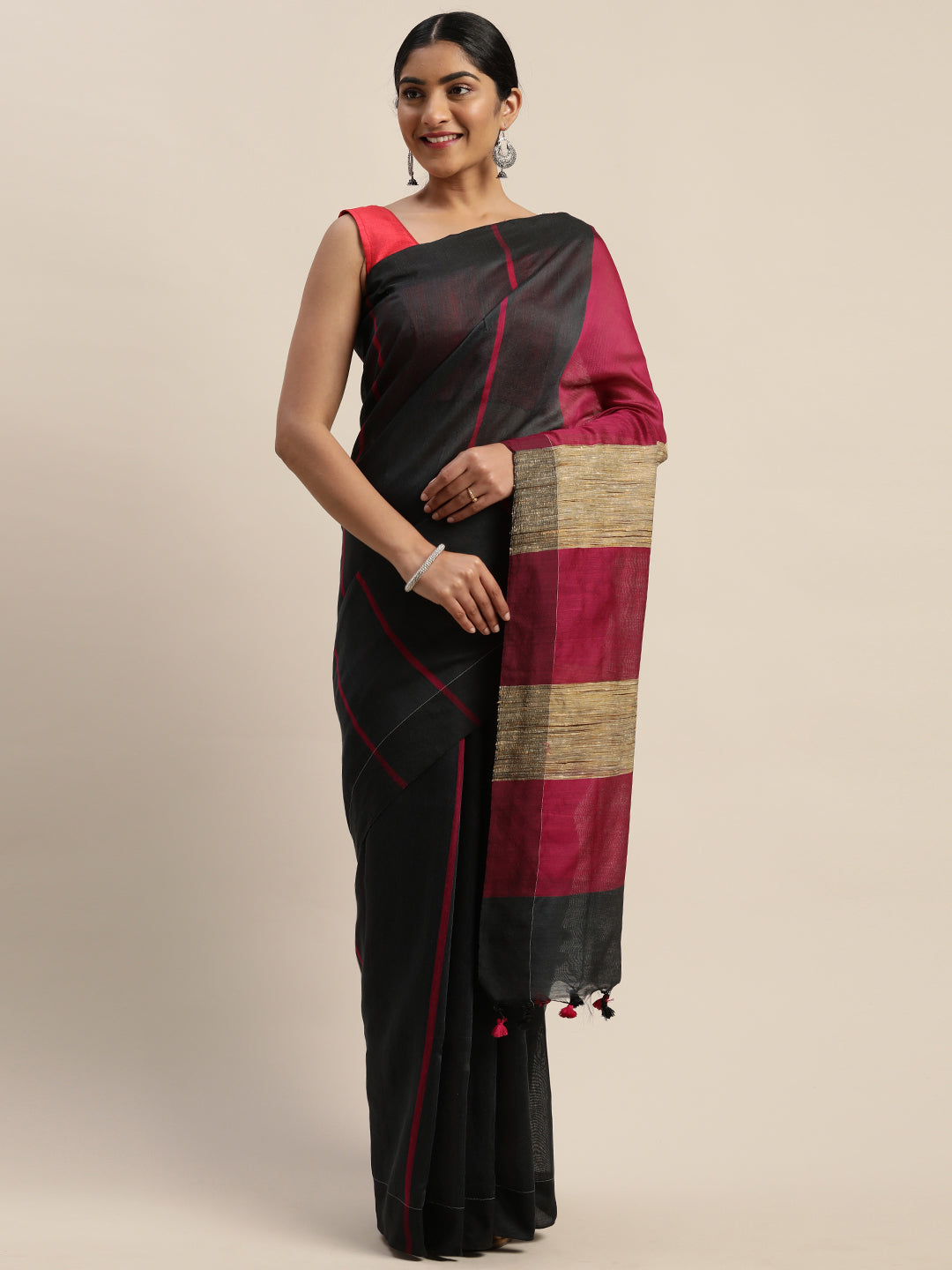 Black & Pink Handloom Striped Saree (TDSR-01-BLACK)