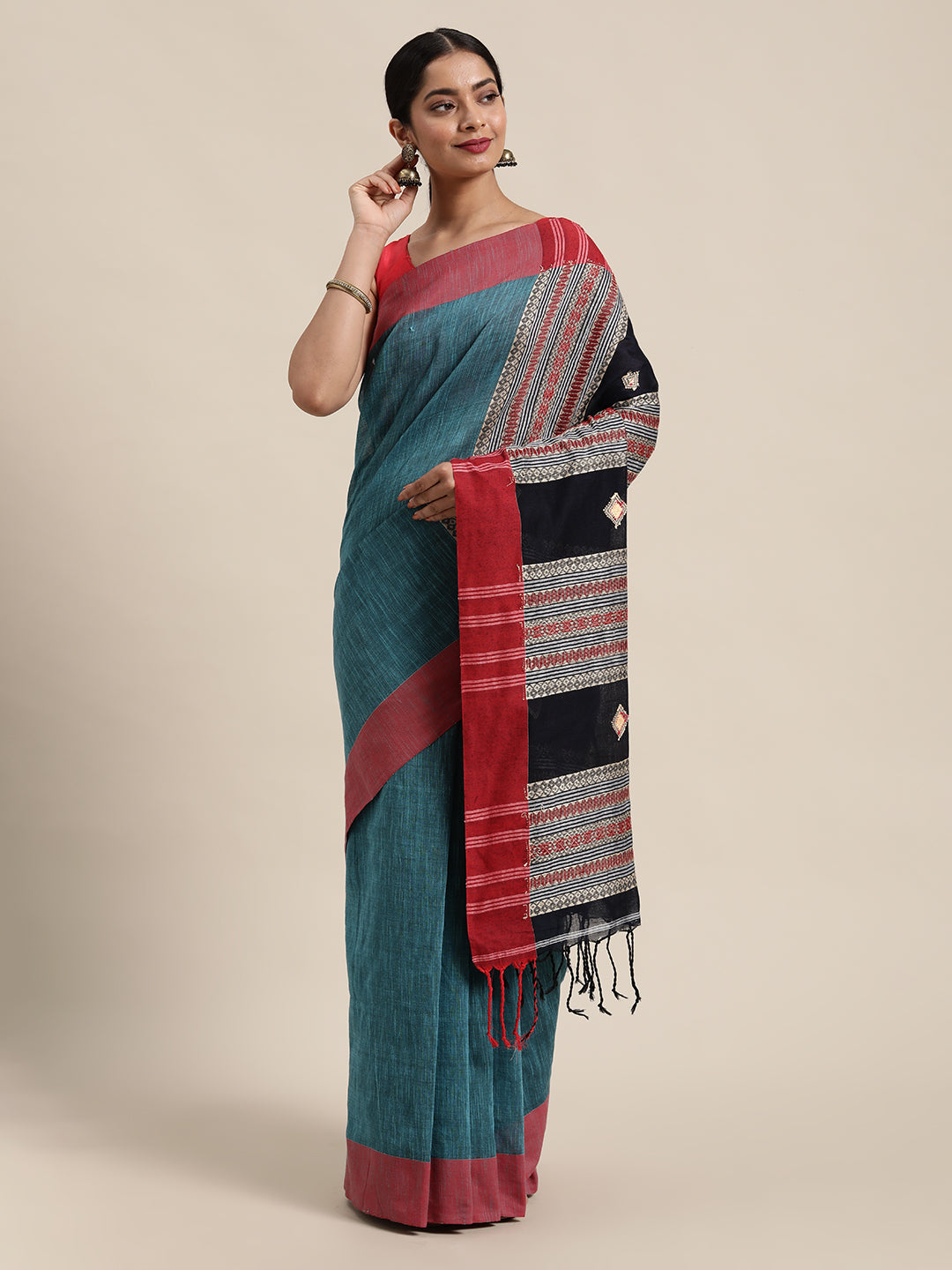 Teal Blue & Red Pure Cotton Saree (TDSR2-20-BLUE)