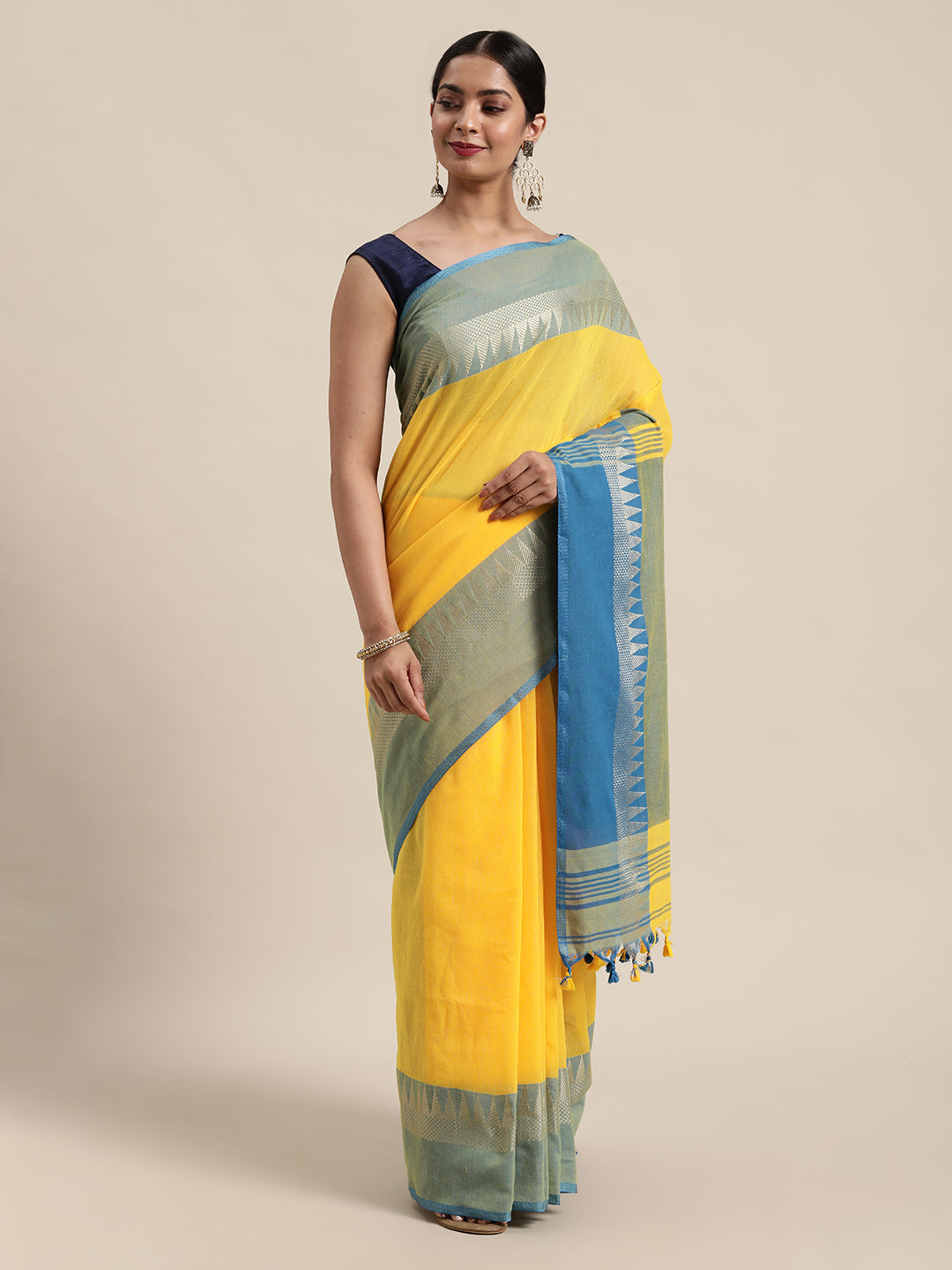 Yellow & Blue Zari Pure Cotton Saree (TDSR2-16-YELLOW)