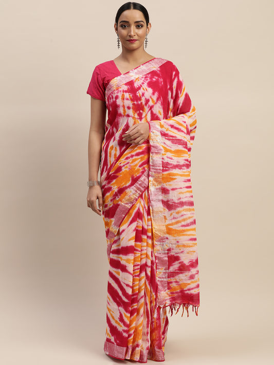 Orange & Pink Pure Cotton Printed Linen Saree (TDSR-10-ORANGE)