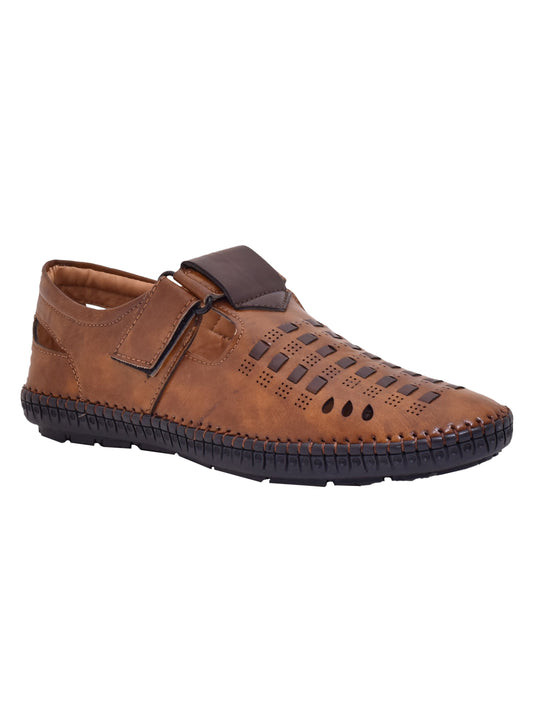 Men Tan Vegan Shoe-Style Ethnic Sandals (OMCS-02-TAN)