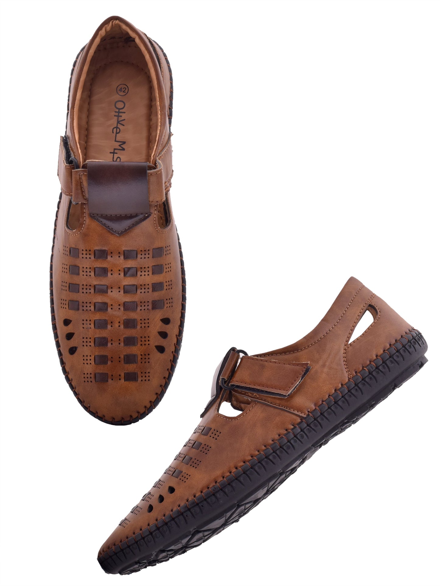 Men Tan Vegan Shoe-Style Ethnic Sandals (OMCS-02-TAN)