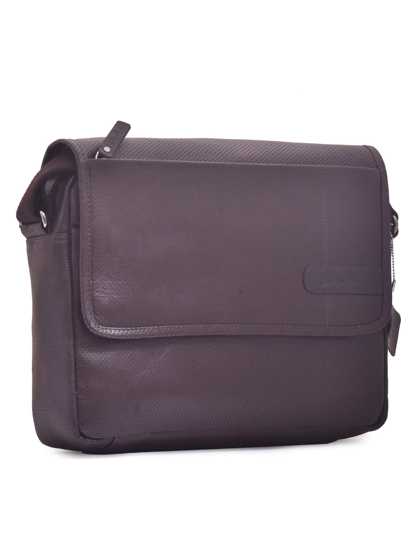 Unisex Brown Punch Printed Genuine Leather Laptop Messenger Bag 14 Inch (OMLB-009-P-BROWN)