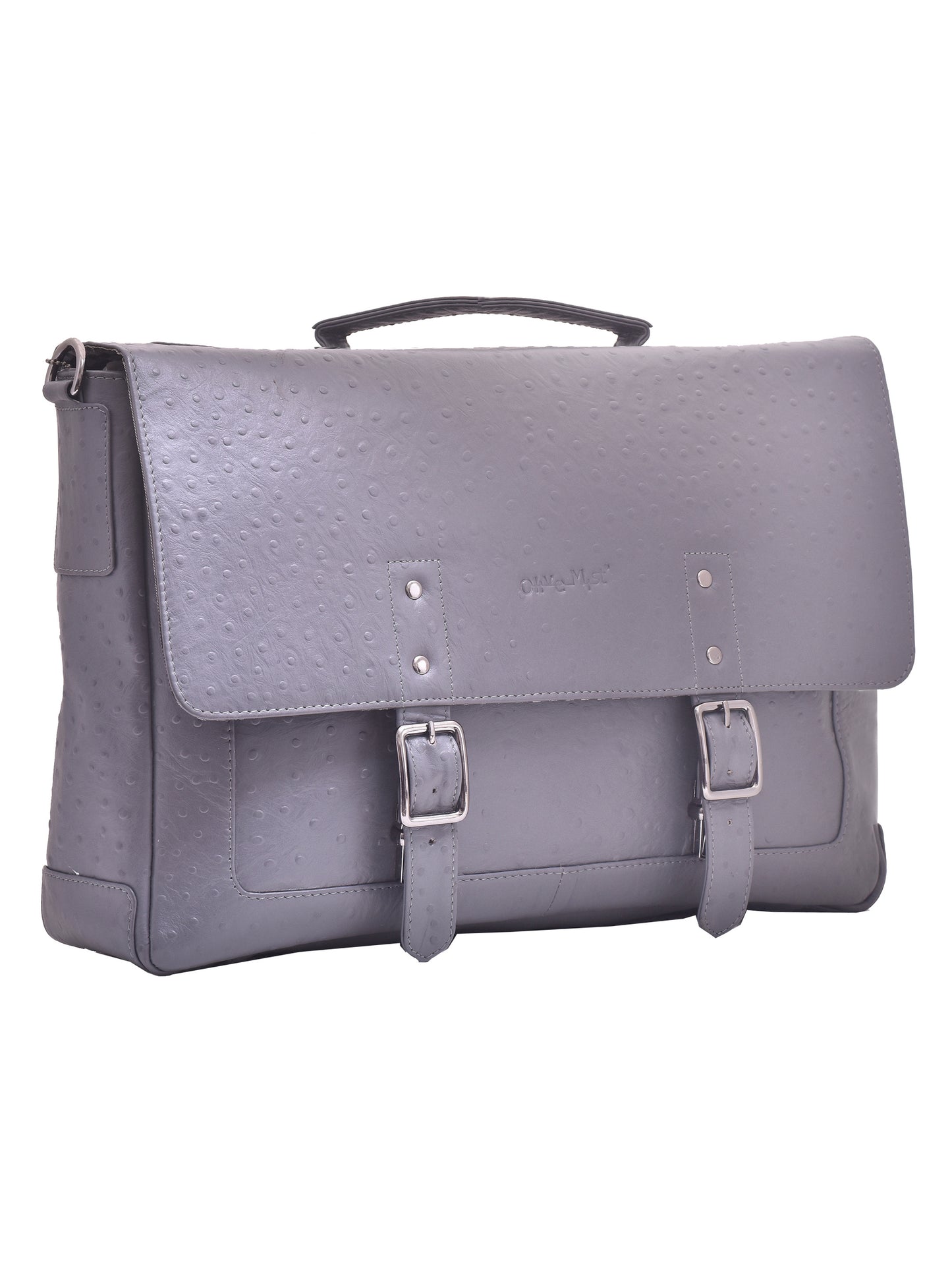 Unisex Grey Ostrich Textured Genuine Leather Laptop Bag 16 Inch (OMLB-008-O-GREY)