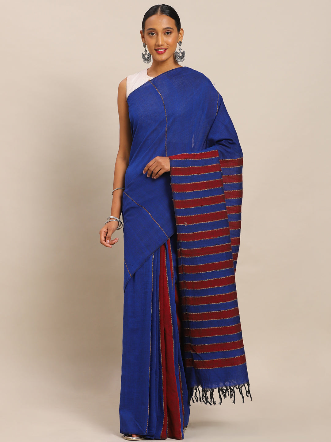 Blue & Maroon Pure Cotton Striped Pure Handloom Soft Linen Saree (NASR2-36-BLUE)