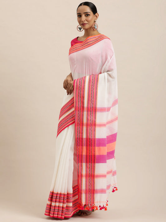 White & Orange Striped Pure Cotton Saree (TDSR3-21-WHITE)