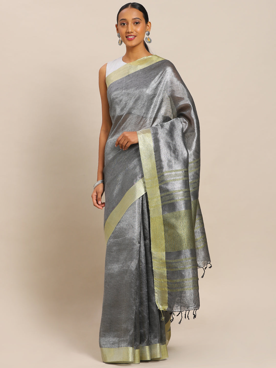 Grey Pure Silk Solid Uppada Tissue Linen Handloom Saree (NASR2-56-GREY)