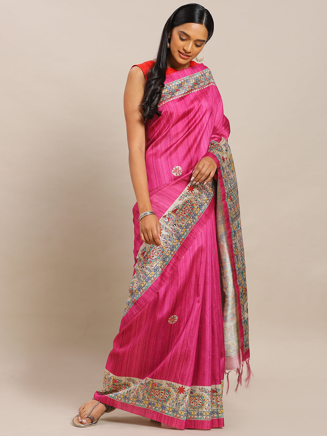 Pink & Beige Pure Silk Madhubani Printed Tussar Saree (NASR2-44-PINK)