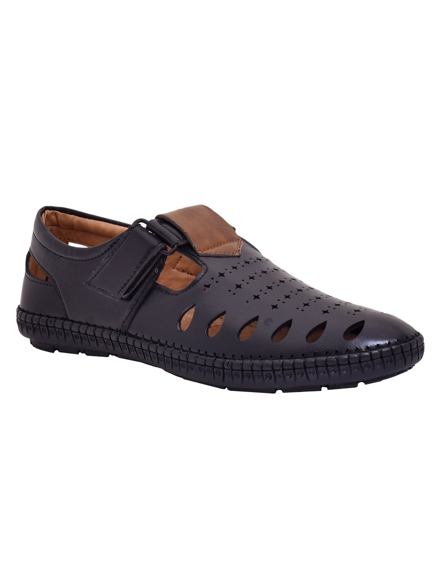 Men Black Vegan Shoe-Style Ethnic Sandals (OMCS-04-BLACK)