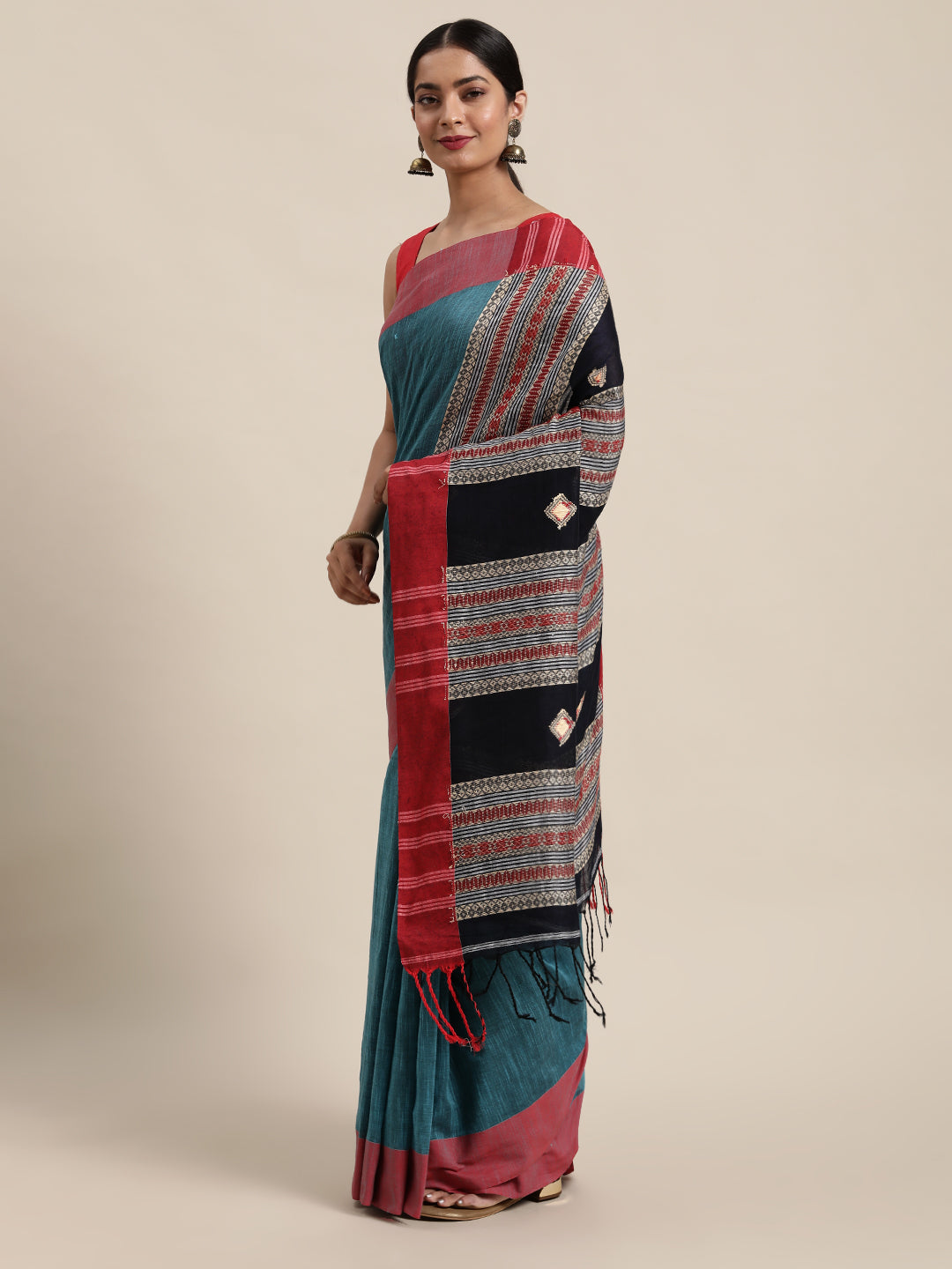 Teal Blue & Red Pure Cotton Saree (TDSR2-20-BLUE)