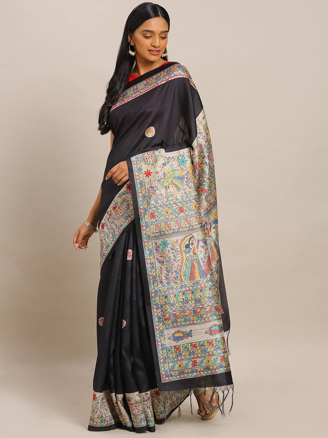 Pure Silk Black & Beige Madhubani Printed Tussar Saree (NASR2-48-BLACK)