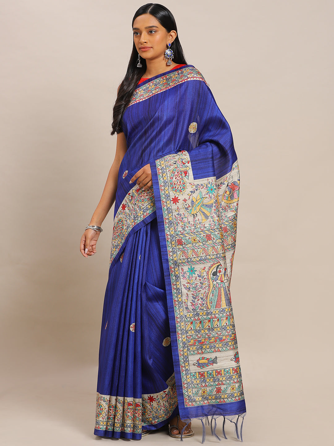 Navy Blue Pure Silk Handcrafted Madhubani Printed Tussar Saree (NASR2-46-NBLUE)