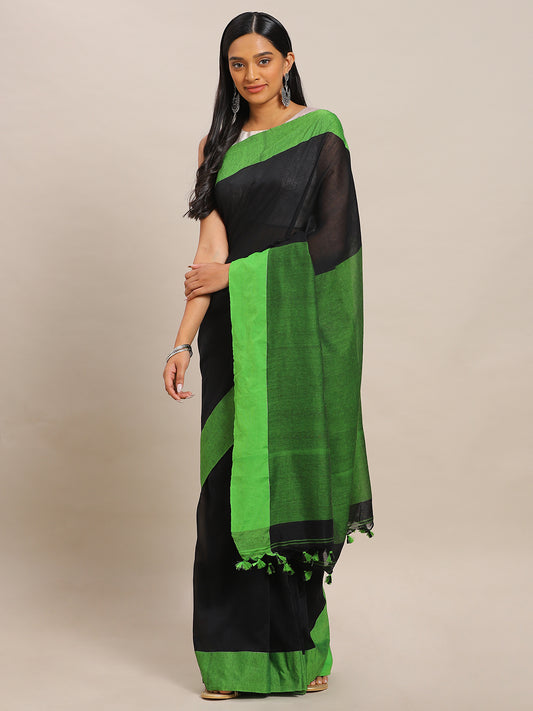 Black Pure Cotton Solid Bengal Handloom Soft Linen Saree (NASR2-42-BLACK)