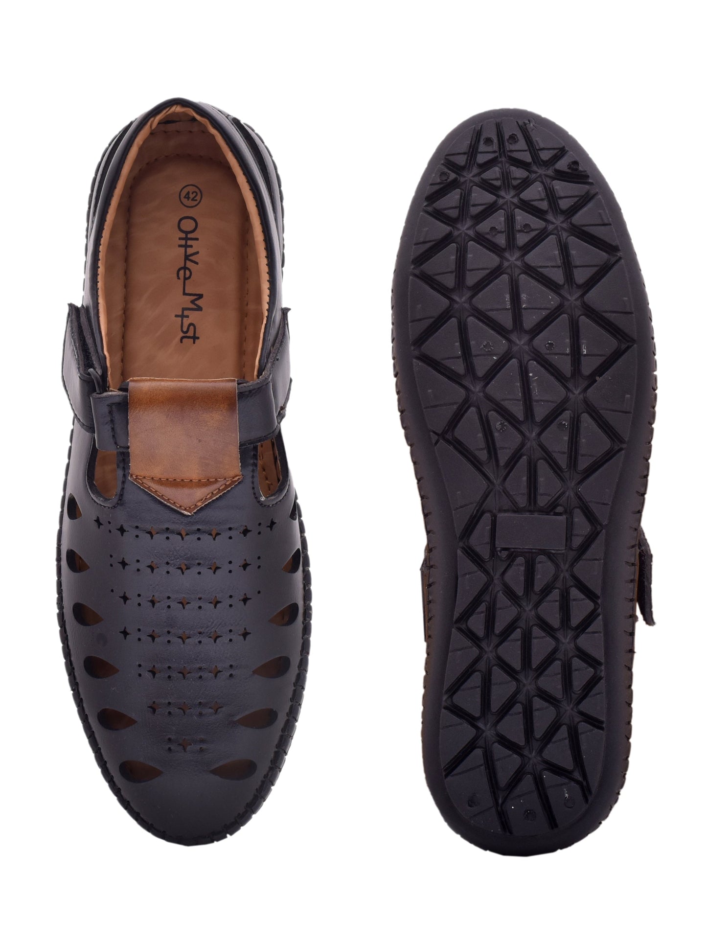 Men Black Vegan Shoe-Style Ethnic Sandals (OMCS-04-BLACK)