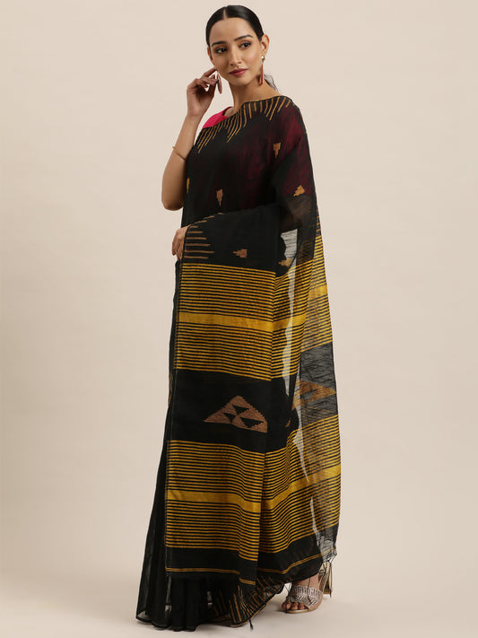 Black & Gold-Toned Woven Design Silk Cotton Saree (TDSR3-22-BLACK)