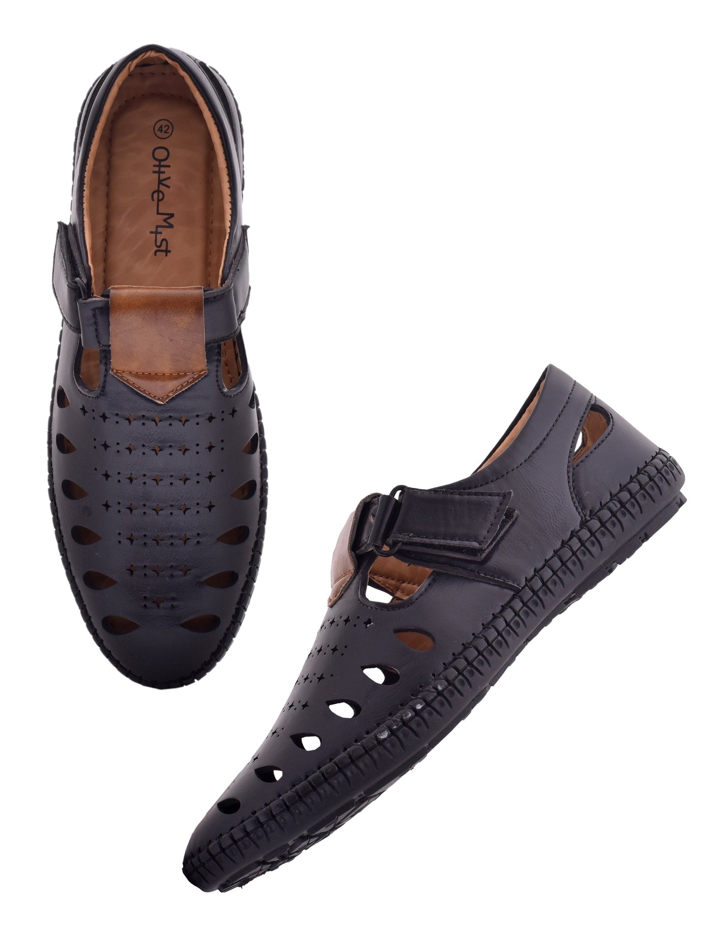 Men Black Vegan Shoe-Style Ethnic Sandals (OMCS-04-BLACK)