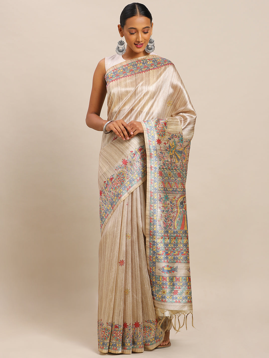 Pure Silk Printed Beige Tussar Saree (NASR2-47-BROWN)