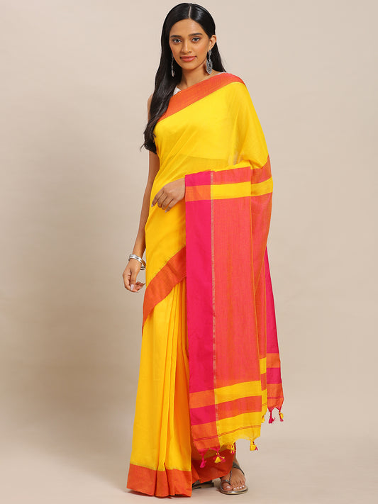 Yellow & Pink Pure Cotton Solid Bengal Handloom Soft Linen Saree (NASR2-40-YELLOW)