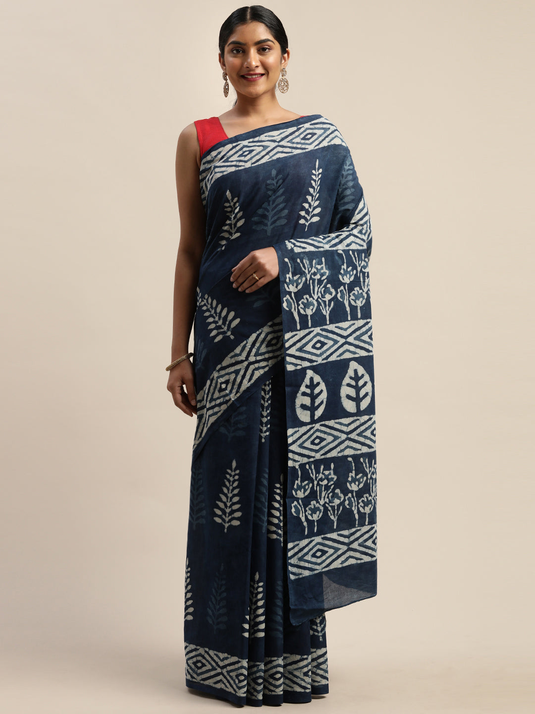 Navy Blue & White Pure Cotton Printed Dabu Saree (TDSR-12-BLUE)