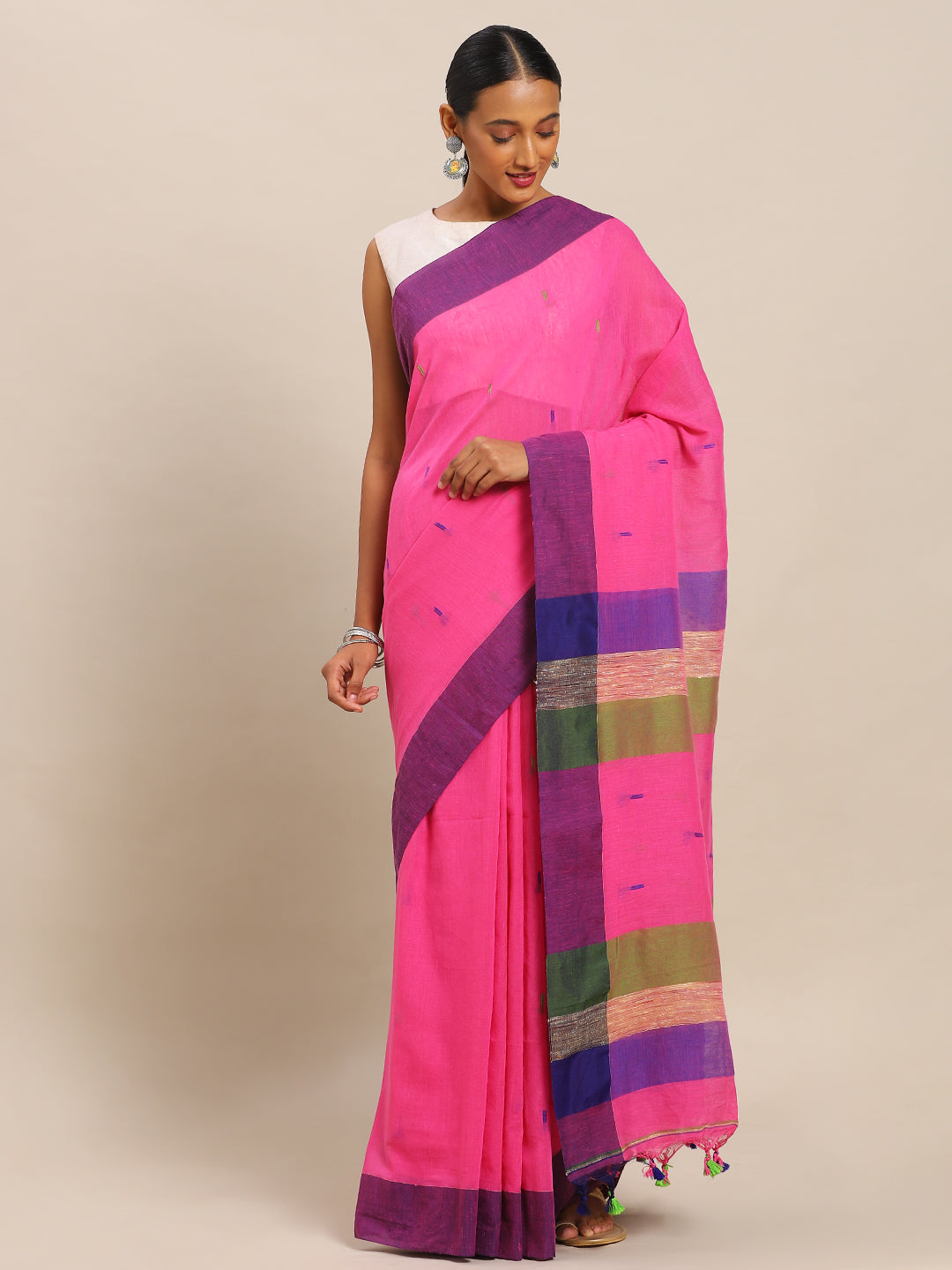 Pink Pure Cotton Embroidered Linen Saree (NASR2-57-PINK)