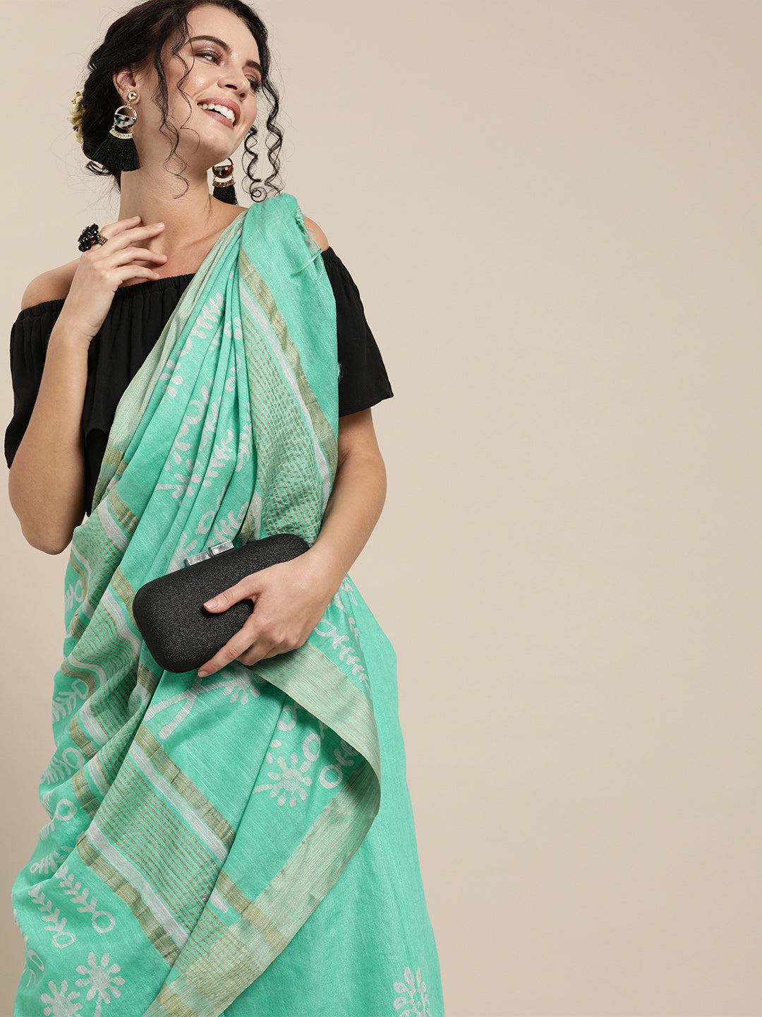 Sea Green Silk Blend Batik Print Chanderi Saree (NASR1-03--SGREEN)