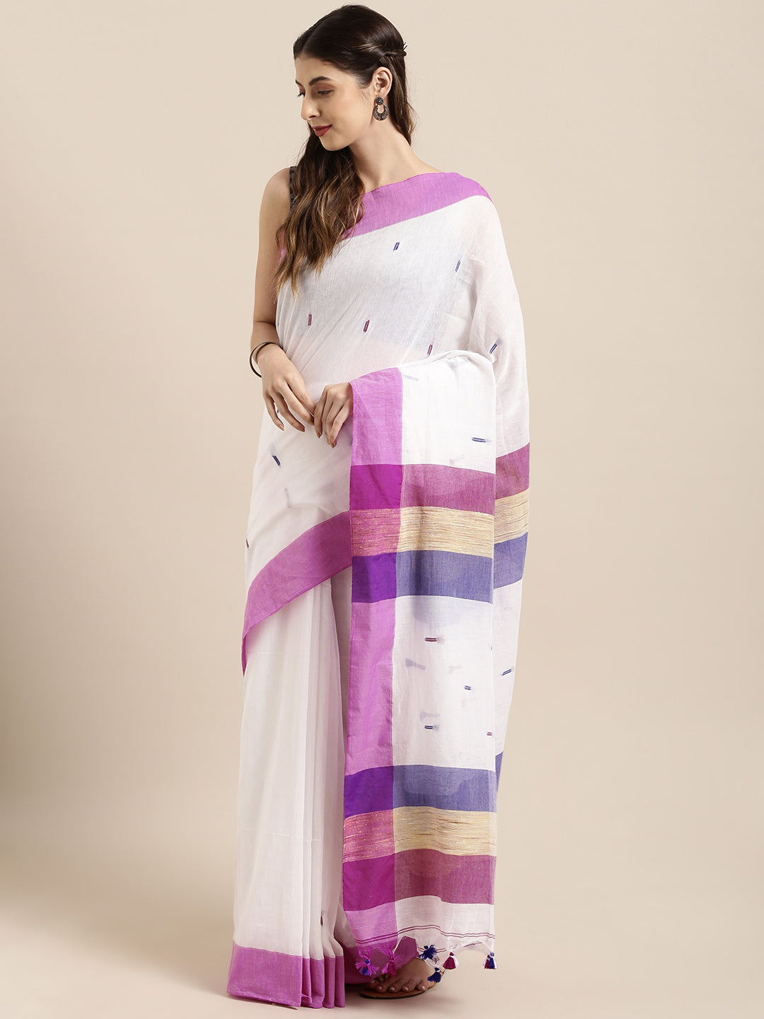 White & Pink Pure Cotton Woven Design Linen Saree (NASR1-15-WHITE)