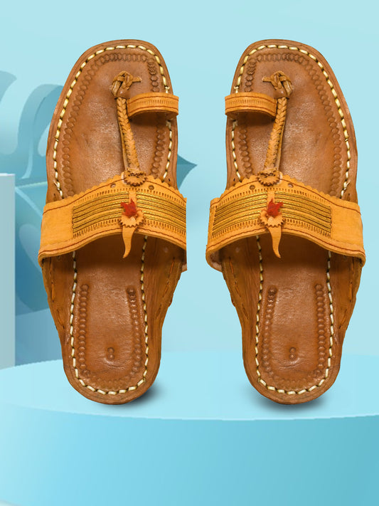 Men Tan Ethnic Leather with Zari Work Kolhapuri (OMKP-009-TAN)