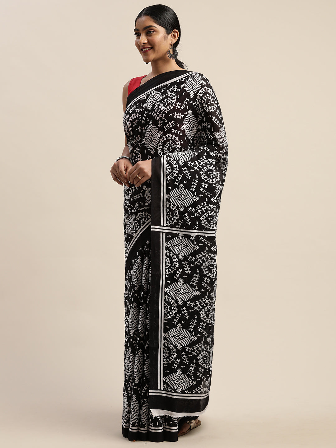 Black & White Pure Cotton Printed Saree (TDSR-15-BLACK)